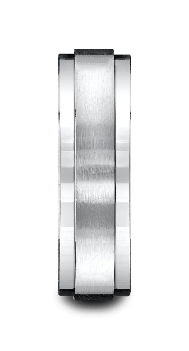 Benchmark 14k White Gold 7mm Comfort-Fit Satin-Finished w/ High Polish Drop Edge Carved Design Band (4-15)