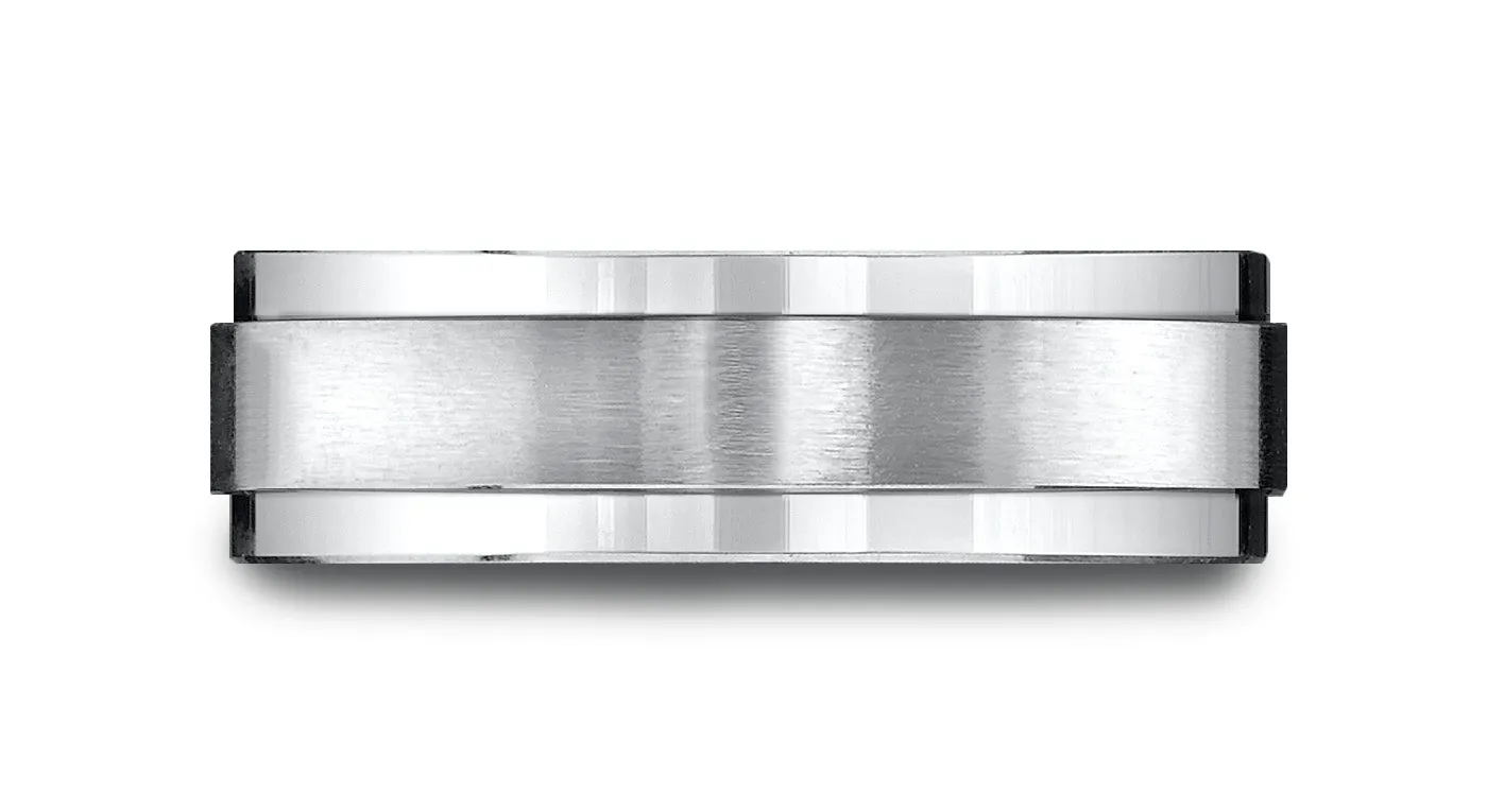 Benchmark 14k White Gold 7mm Comfort-Fit Satin-Finished w/ High Polish Drop Edge Carved Design Band (4-15)