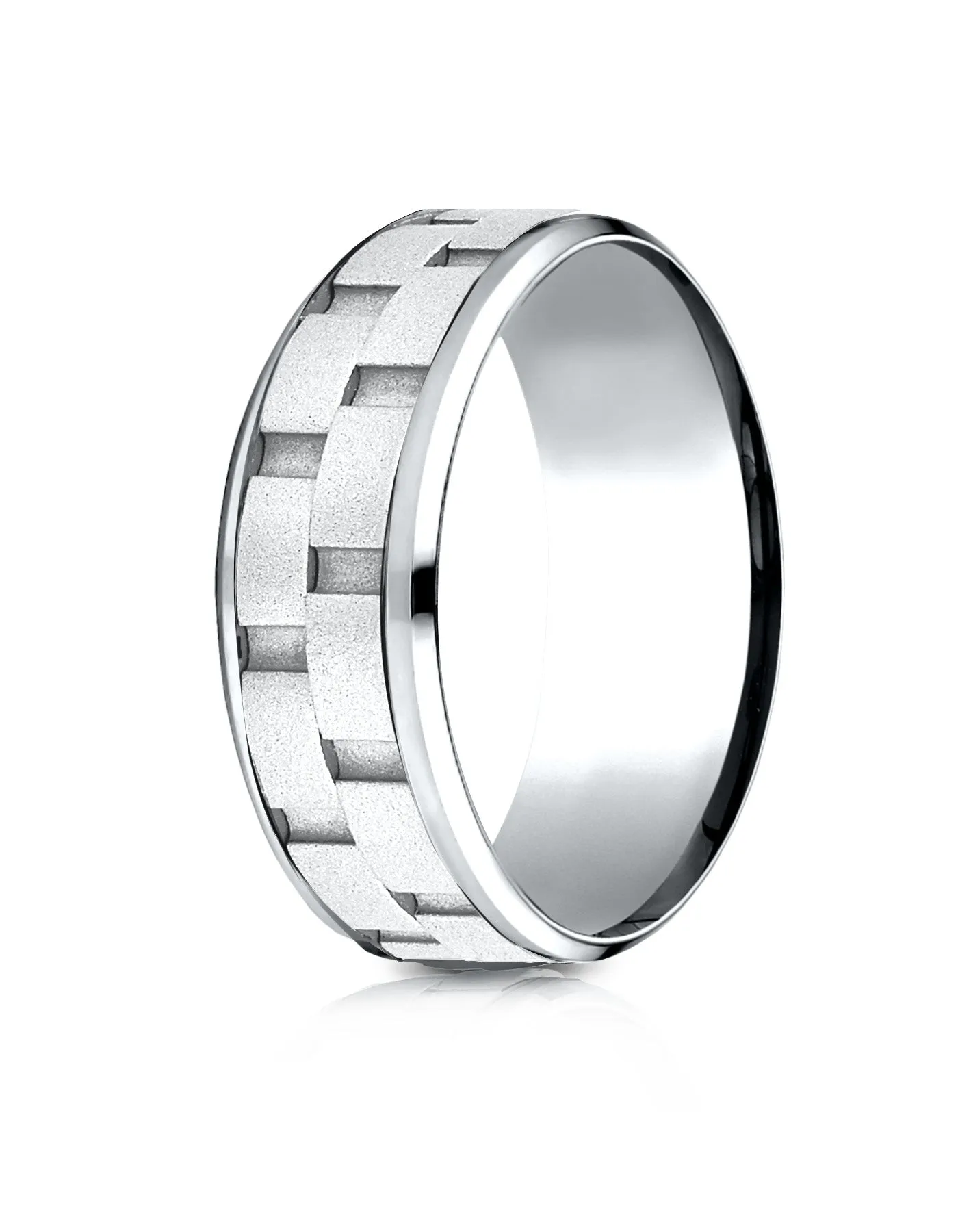 Benchmark 14k White Gold 8mm Comfort-Fit Drop Bevel Sandblasted Satin Finish Chain Link Design Band (6-13)