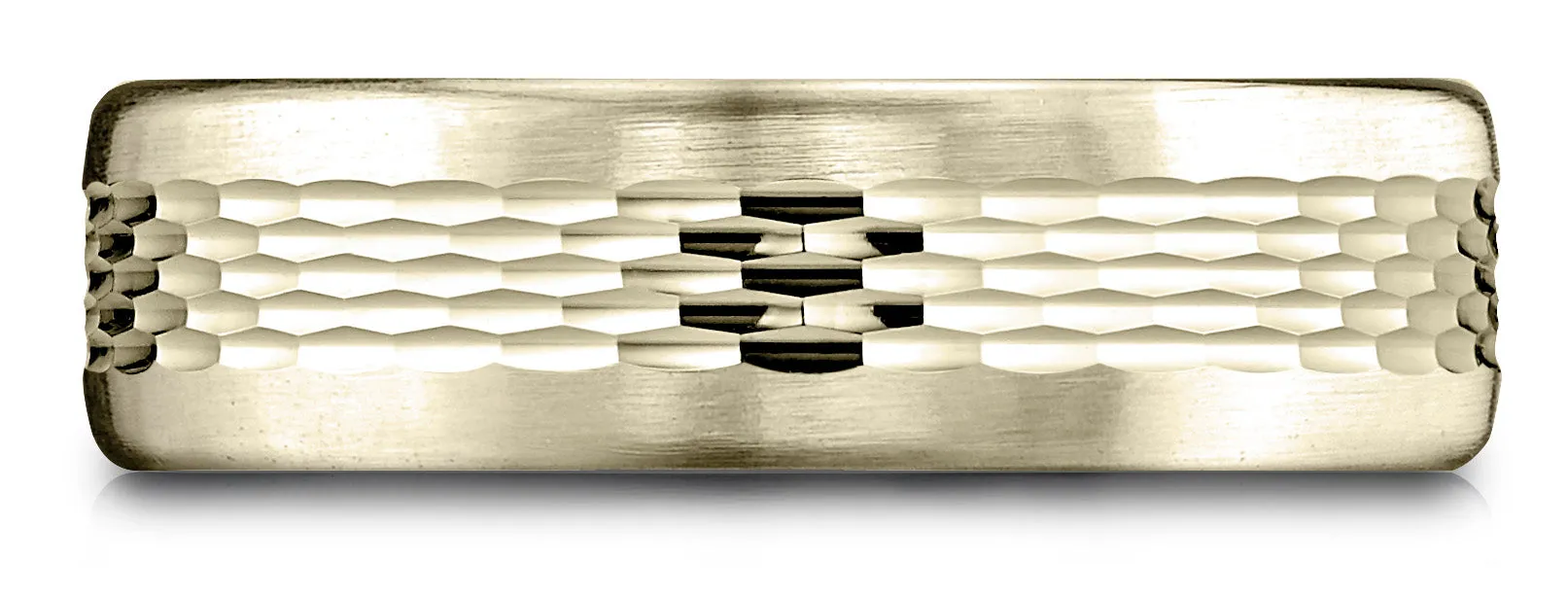 Benchmark 14k Yellow Gold 6.5mm Comfort-Fit Mesh Center Satin Finish Edge Design Band, (Sizes 4-14)