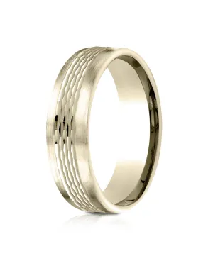 Benchmark 14k Yellow Gold 6.5mm Comfort-Fit Mesh Center Satin Finish Edge Design Band, (Sizes 4-14)
