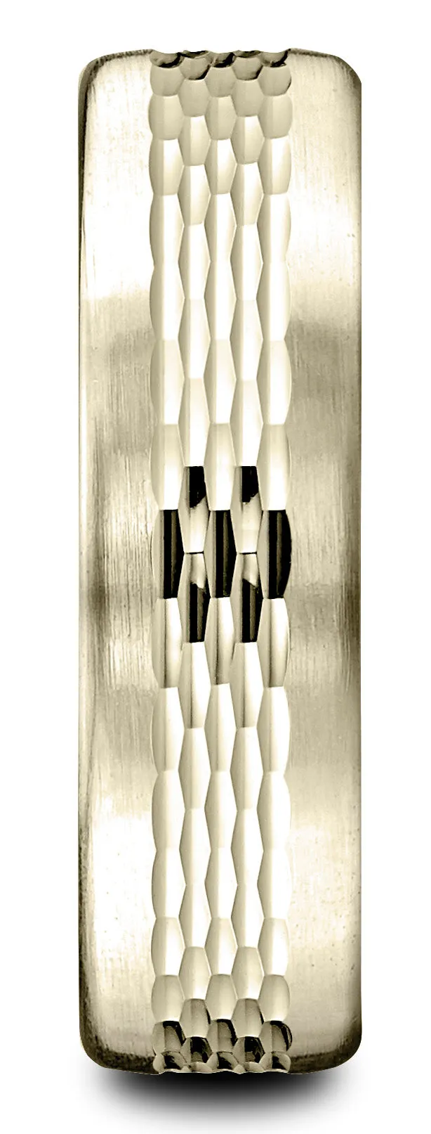 Benchmark 14k Yellow Gold 6.5mm Comfort-Fit Mesh Center Satin Finish Edge Design Band, (Sizes 4-14)