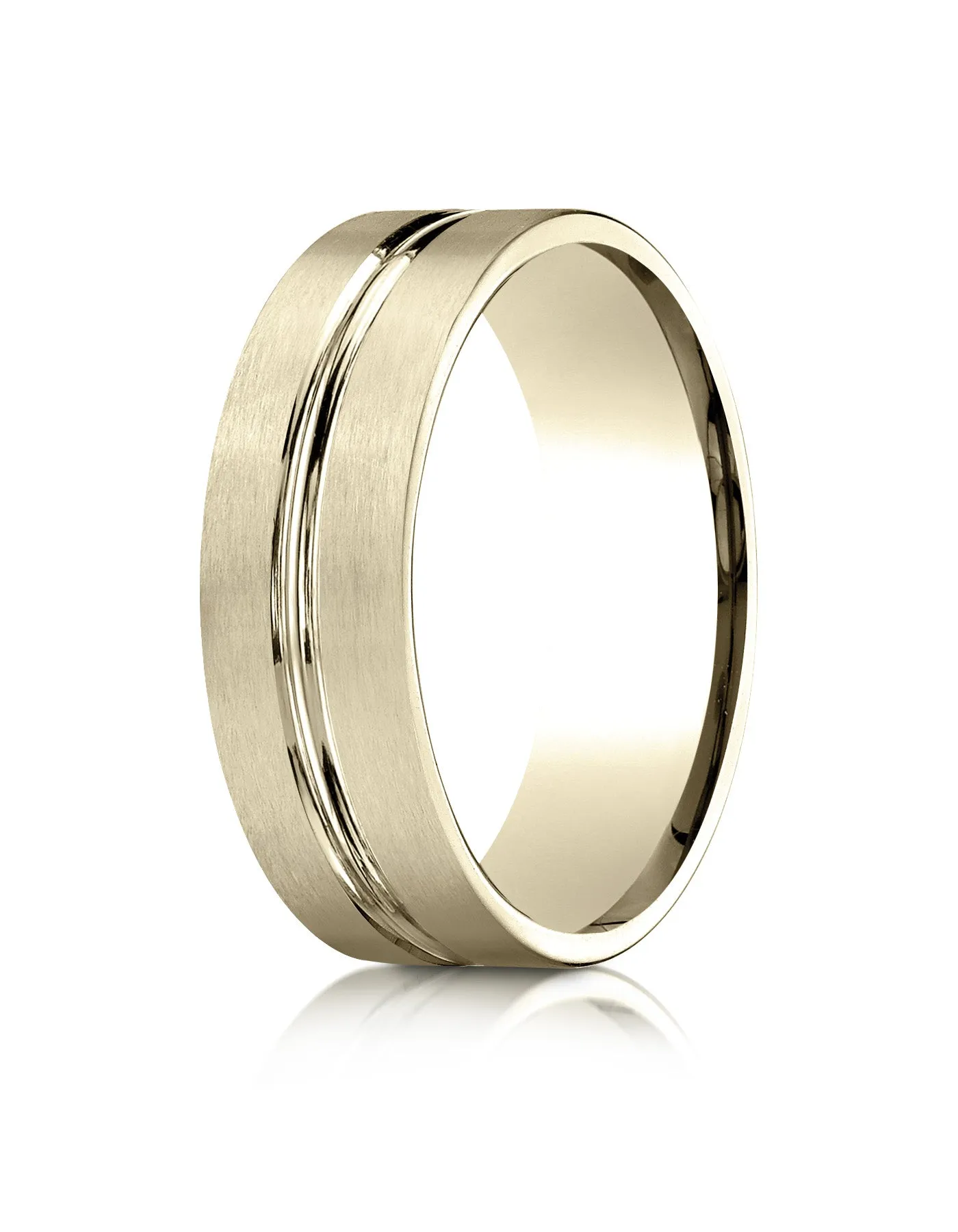 Benchmark 14k Yellow Gold 7mm Comfort-Fit Satin-Finish w/ High Polish Center Cut Carved Design Band,(4-15)