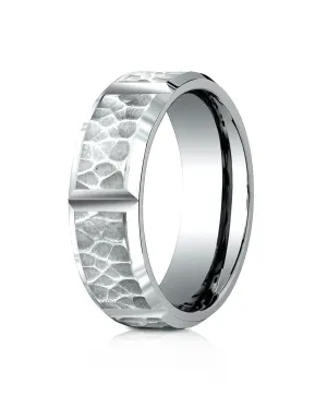 Benchmark 18k White Gold 7mm Comfort-Fit Hammered Finish Grooved Carved Design Band, (Sizes 4-15)