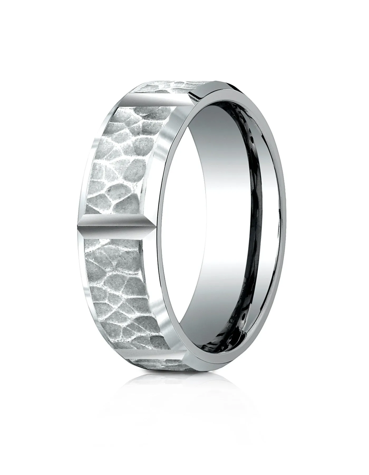 Benchmark 18k White Gold 7mm Comfort-Fit Hammered Finish Grooved Carved Design Band, (Sizes 4-15)
