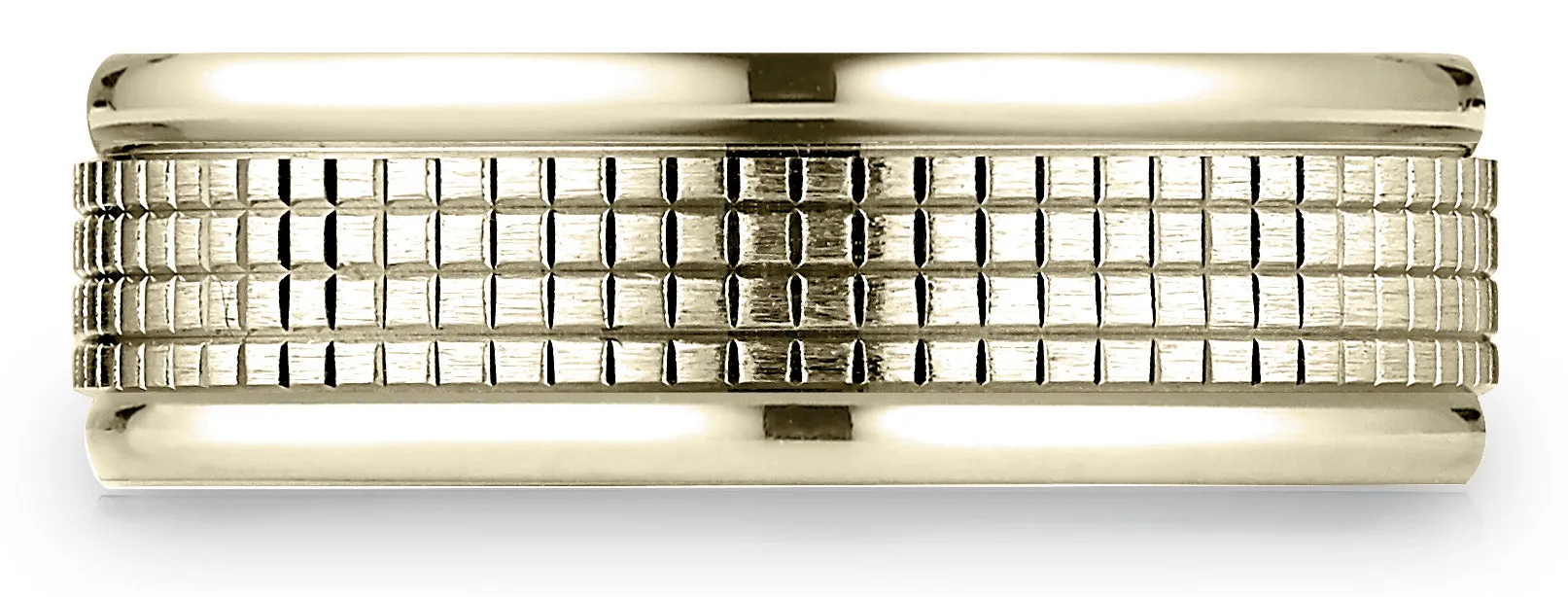 Benchmark 18k Yellow Gold 7mm Comfort-Fit High Polish Round Edge Cross Hatch Center Design Band, (4-15)
