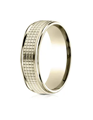 Benchmark 18k Yellow Gold 7mm Comfort-Fit High Polish Round Edge Cross Hatch Center Design Band, (4-15)