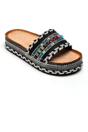 BLACK BRAIDED FLATFORM MULTI COLOUR STUDS SLIP ON SUMMER SANDALS