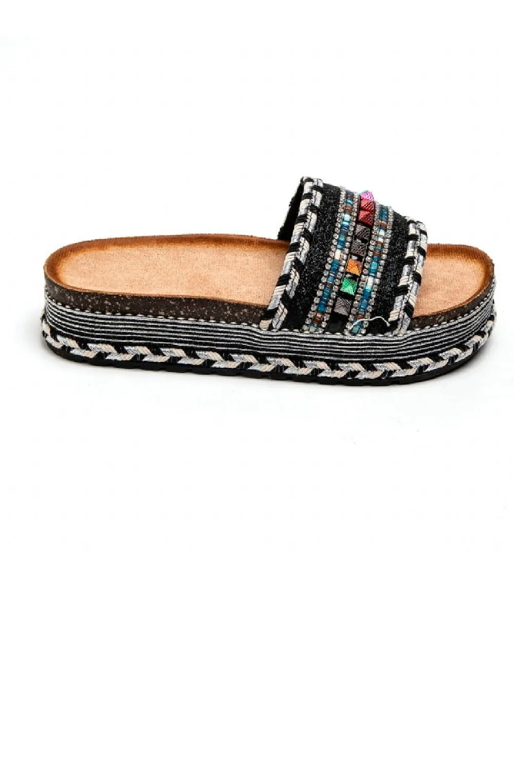 BLACK BRAIDED FLATFORM MULTI COLOUR STUDS SLIP ON SUMMER SANDALS