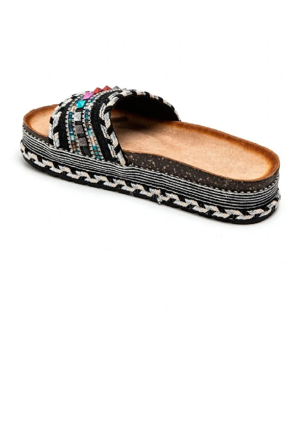 BLACK BRAIDED FLATFORM MULTI COLOUR STUDS SLIP ON SUMMER SANDALS