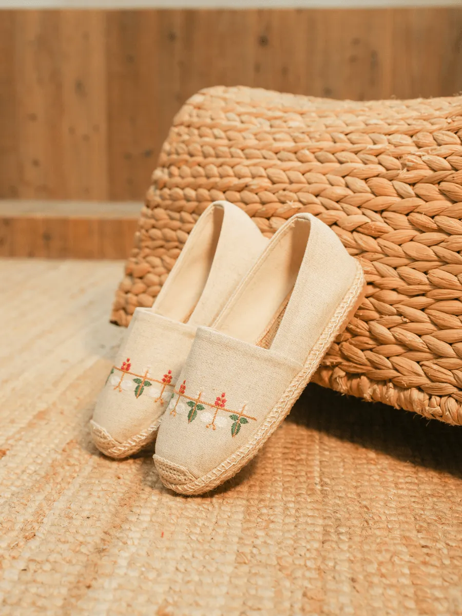 Blossom Embroidered Linen Espadrilles - Beige