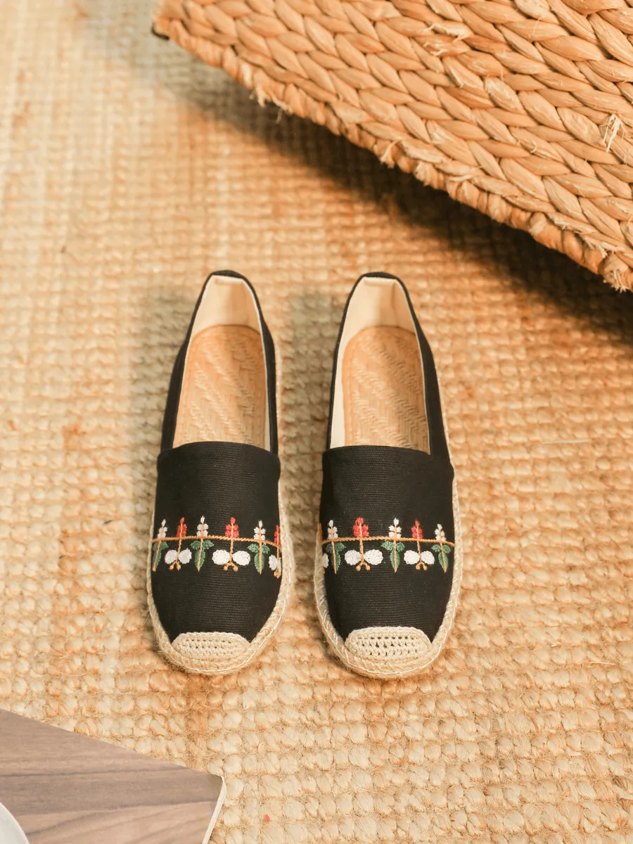 Blossom Embroidered Linen Espadrilles - Black
