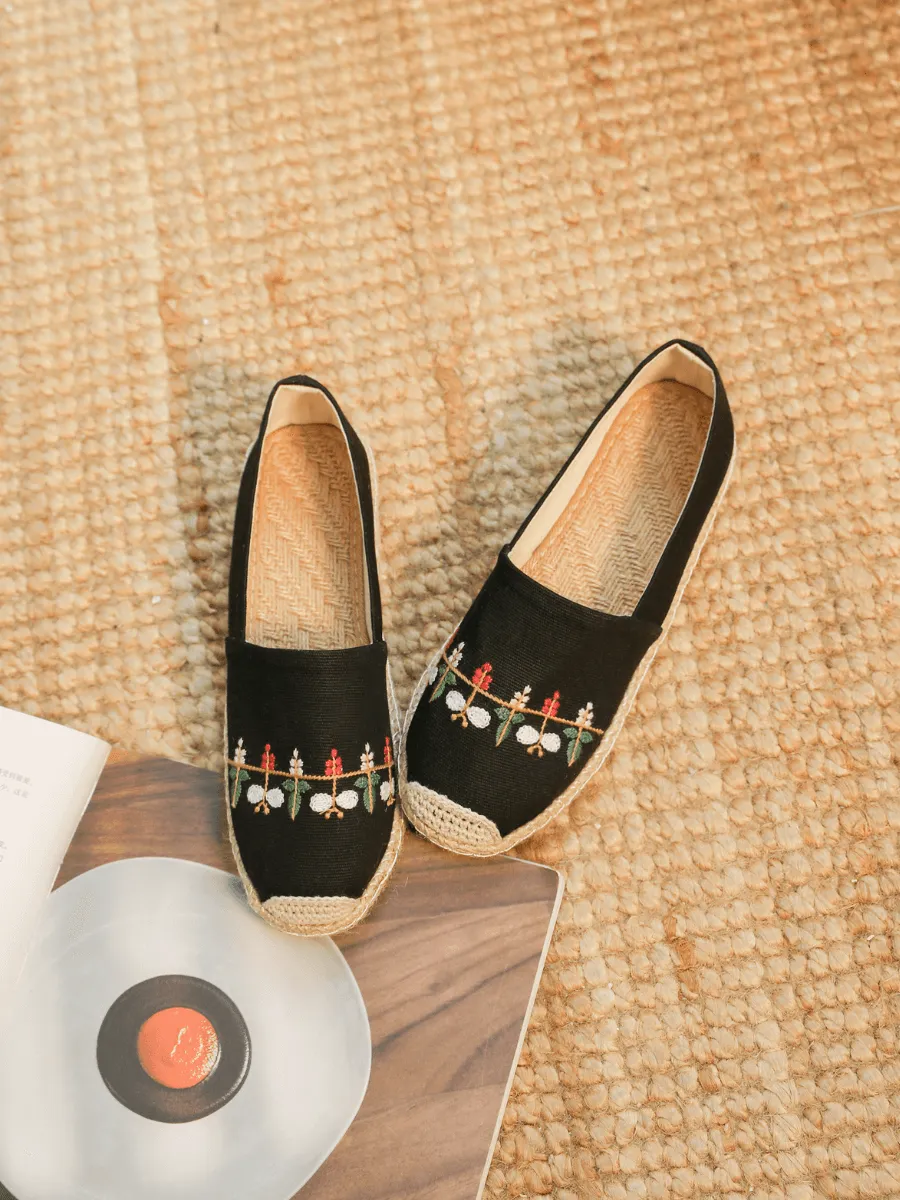 Blossom Embroidered Linen Espadrilles - Black