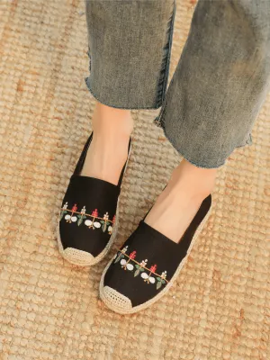 Blossom Embroidered Linen Espadrilles - Black