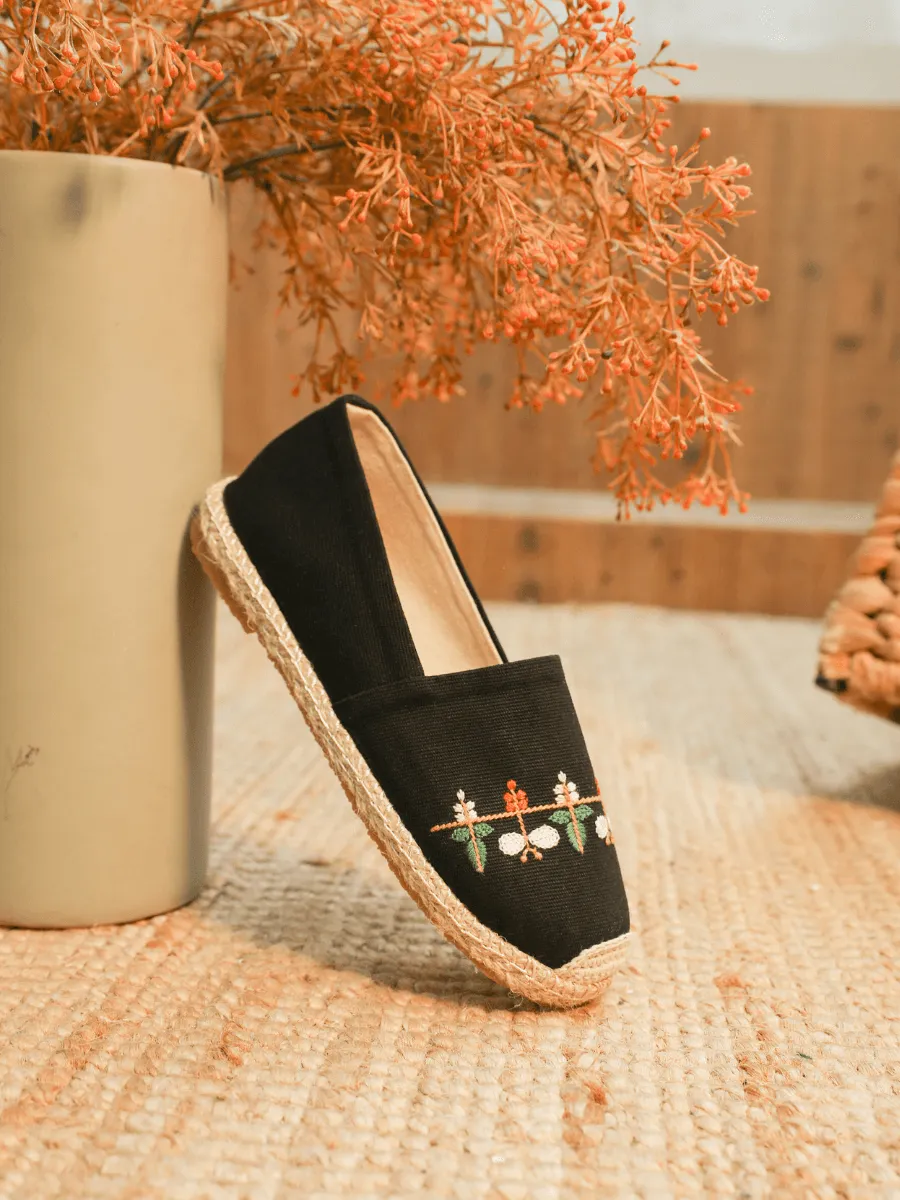 Blossom Embroidered Linen Espadrilles - Black
