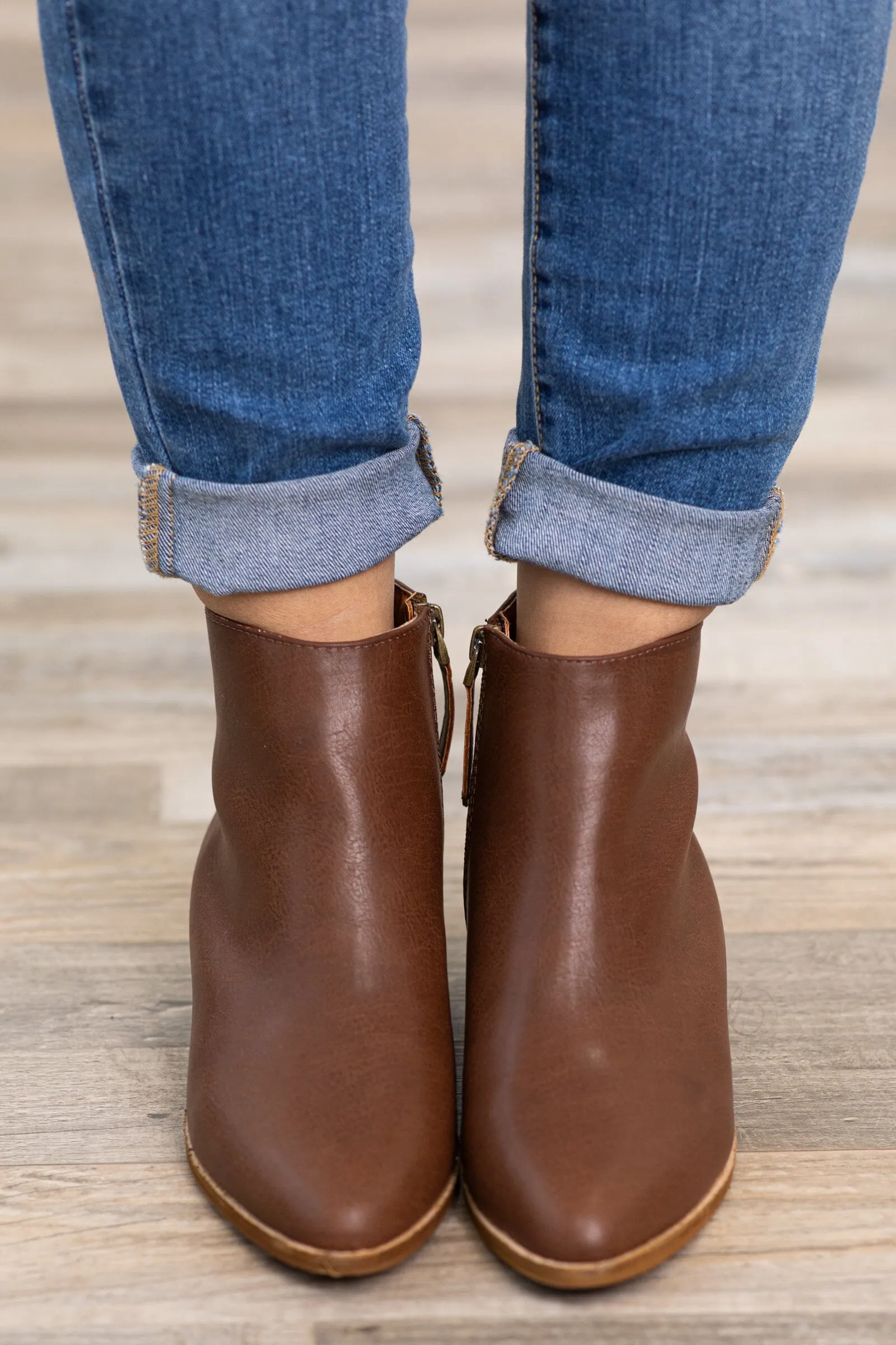 Brown Ankle Bootie With Pull Tab