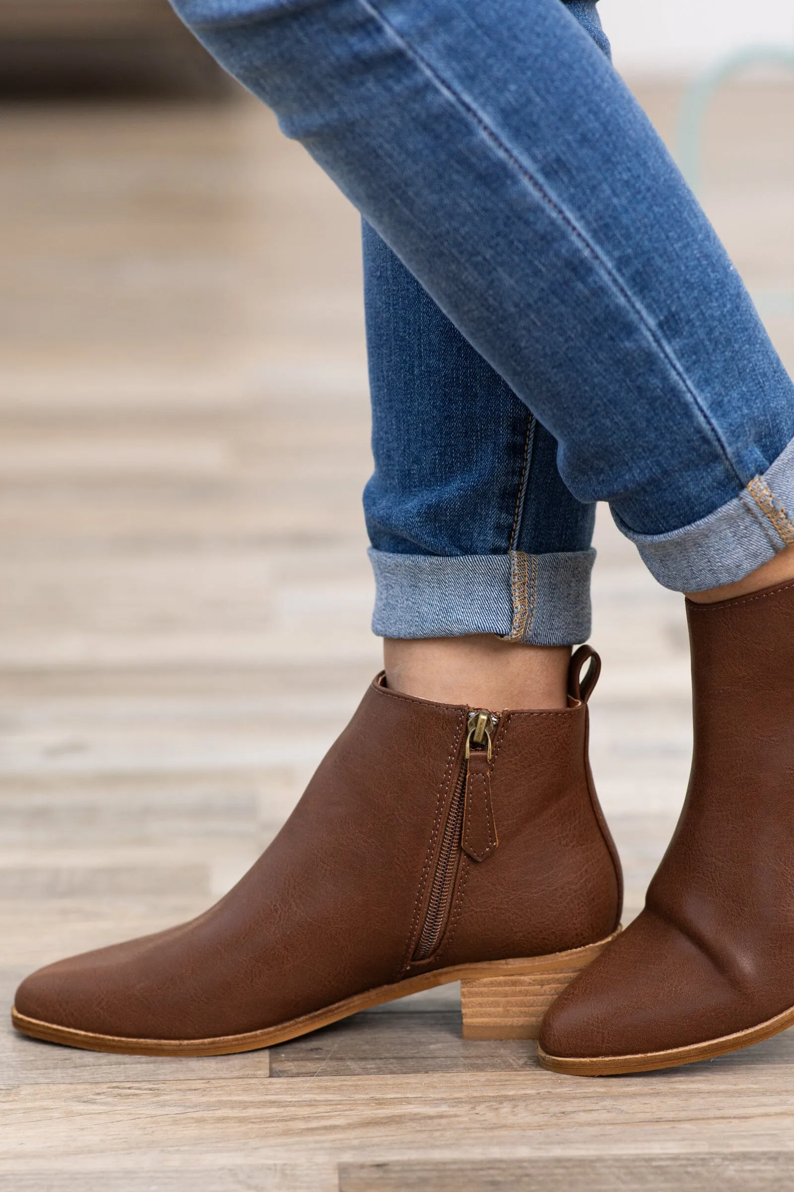 Brown Ankle Bootie With Pull Tab
