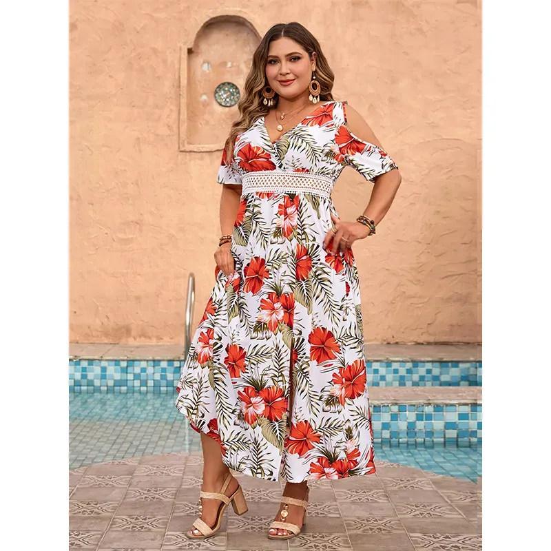 Cecily Plus Size Floral Cold Shoulder Slit Maxi Dress