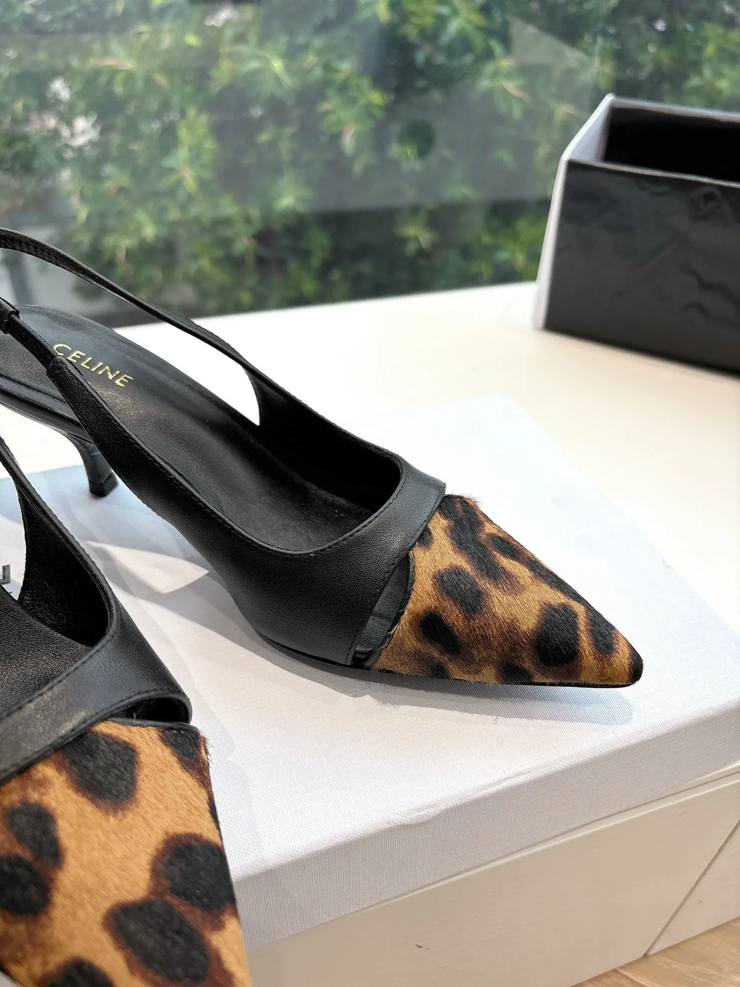 CELINE Slingback  Leopard Black Leather 285983
