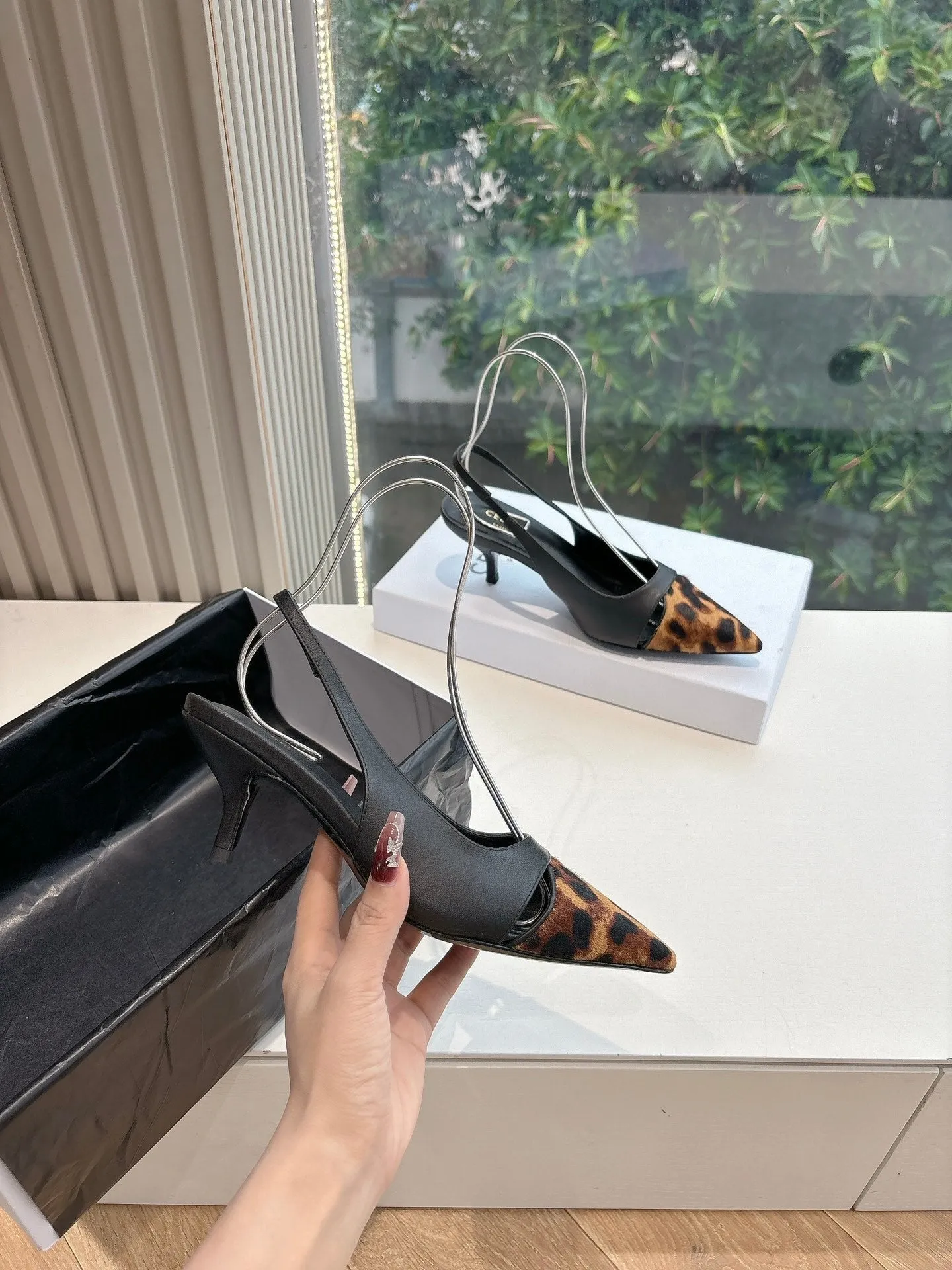 CELINE Slingback  Leopard Black Leather 285983