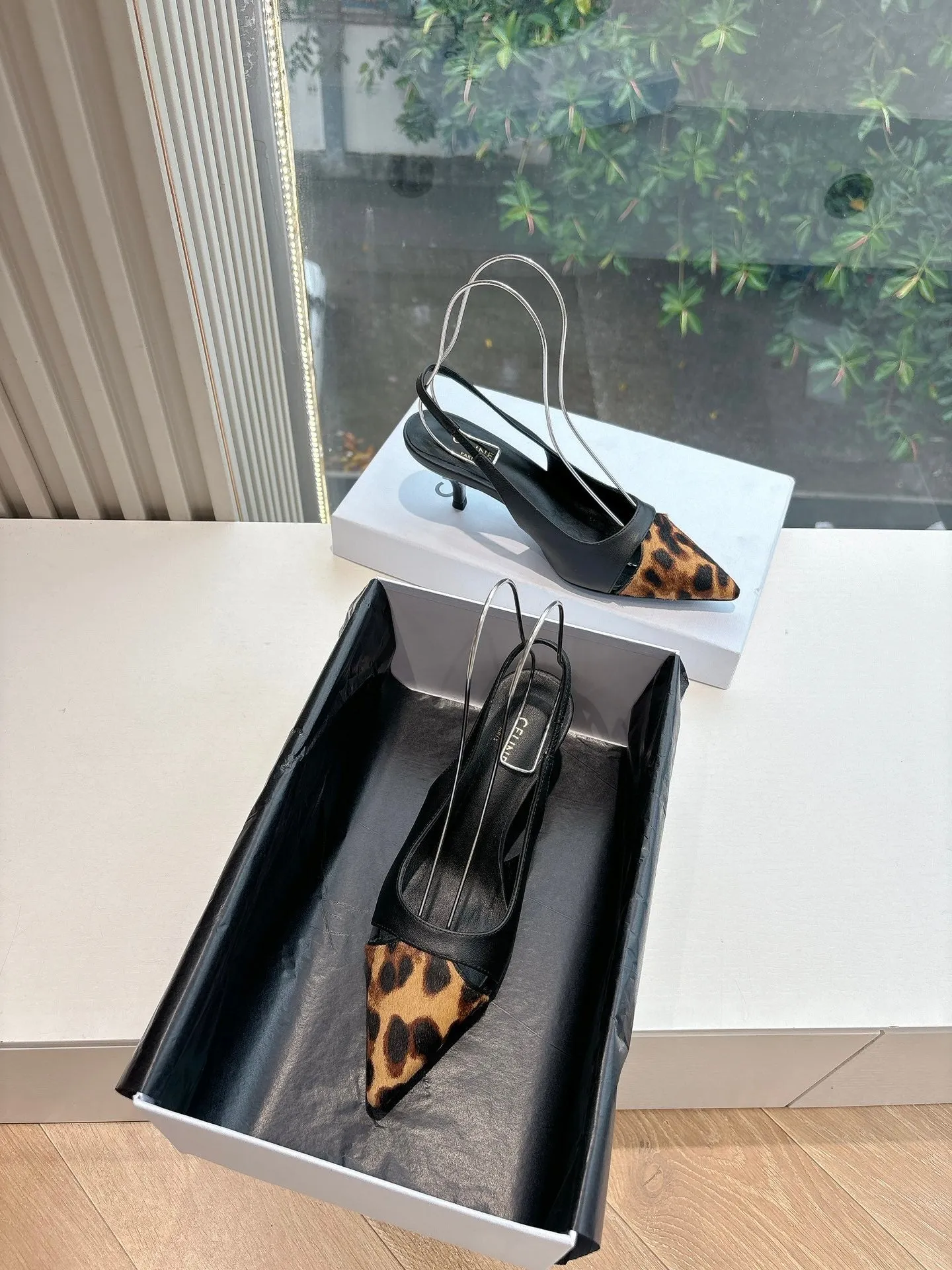 CELINE Slingback  Leopard Black Leather 285983