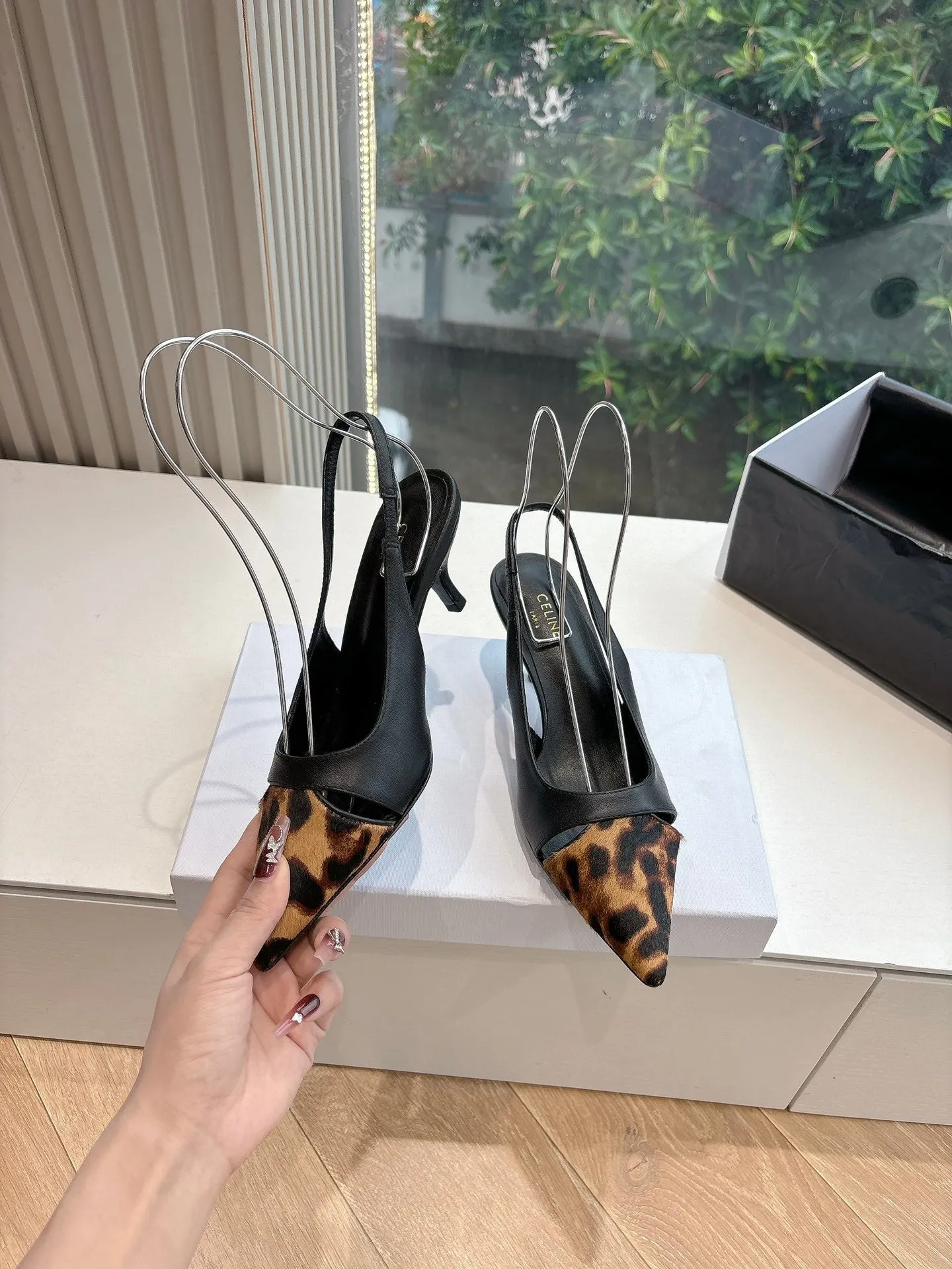 CELINE Slingback  Leopard Black Leather 285983