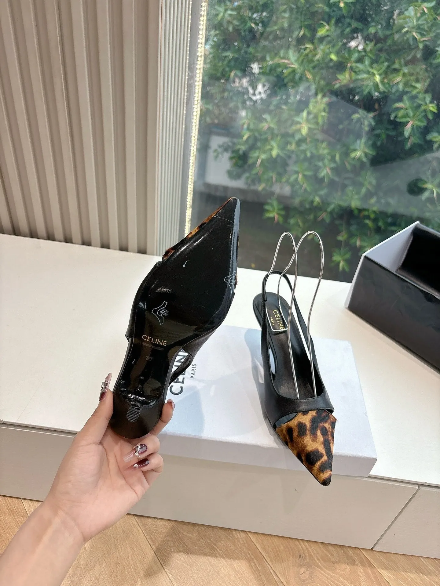 CELINE Slingback  Leopard Black Leather 285983