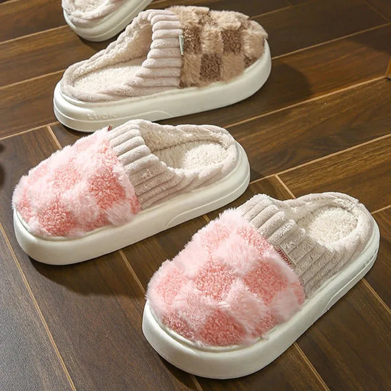 Comwarm Warm Plush House Slippers For Women Indoor Non-slip Couple Cozy Soft Sole Fluffy Slides Winter Fuzzy Lined Cotton Shoes