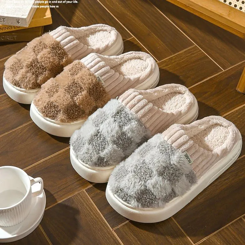 Comwarm Warm Plush House Slippers For Women Indoor Non-slip Couple Cozy Soft Sole Fluffy Slides Winter Fuzzy Lined Cotton Shoes