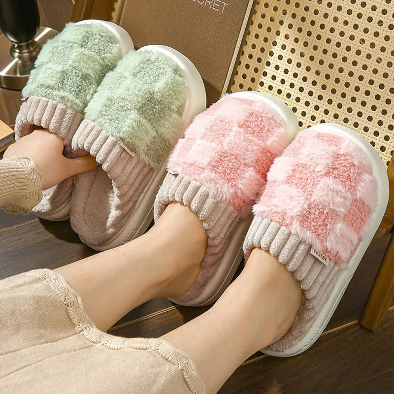Comwarm Warm Plush House Slippers For Women Indoor Non-slip Couple Cozy Soft Sole Fluffy Slides Winter Fuzzy Lined Cotton Shoes