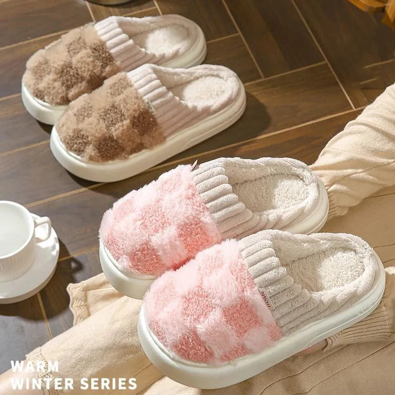 Comwarm Warm Plush House Slippers For Women Indoor Non-slip Couple Cozy Soft Sole Fluffy Slides Winter Fuzzy Lined Cotton Shoes
