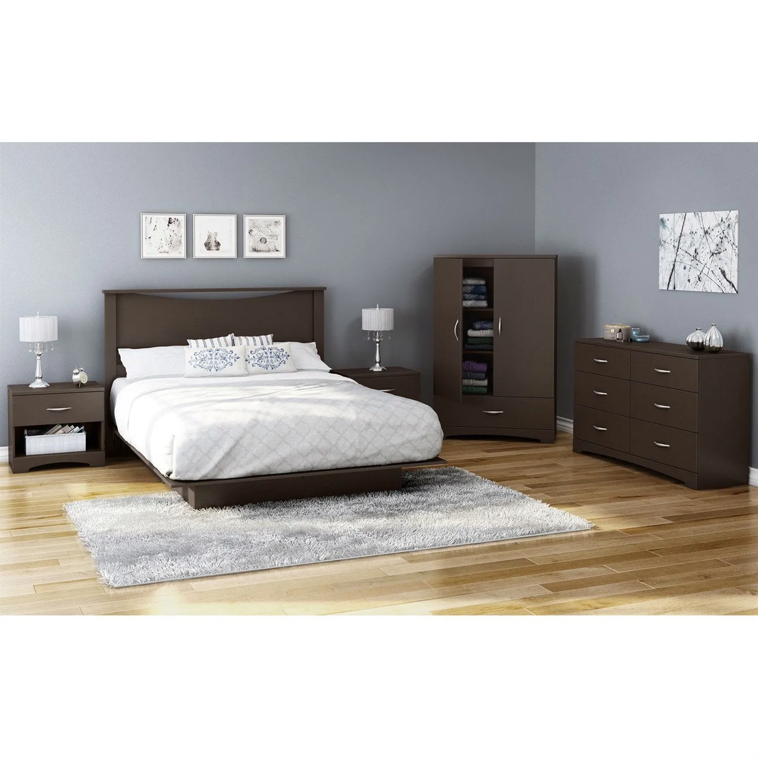 Contemporary 2-Door Armoire Wardrobe Cabinet with Drawer in Chocolate Brown