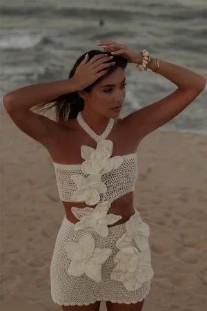 Crochet Halter Dress with Floral Appliqués