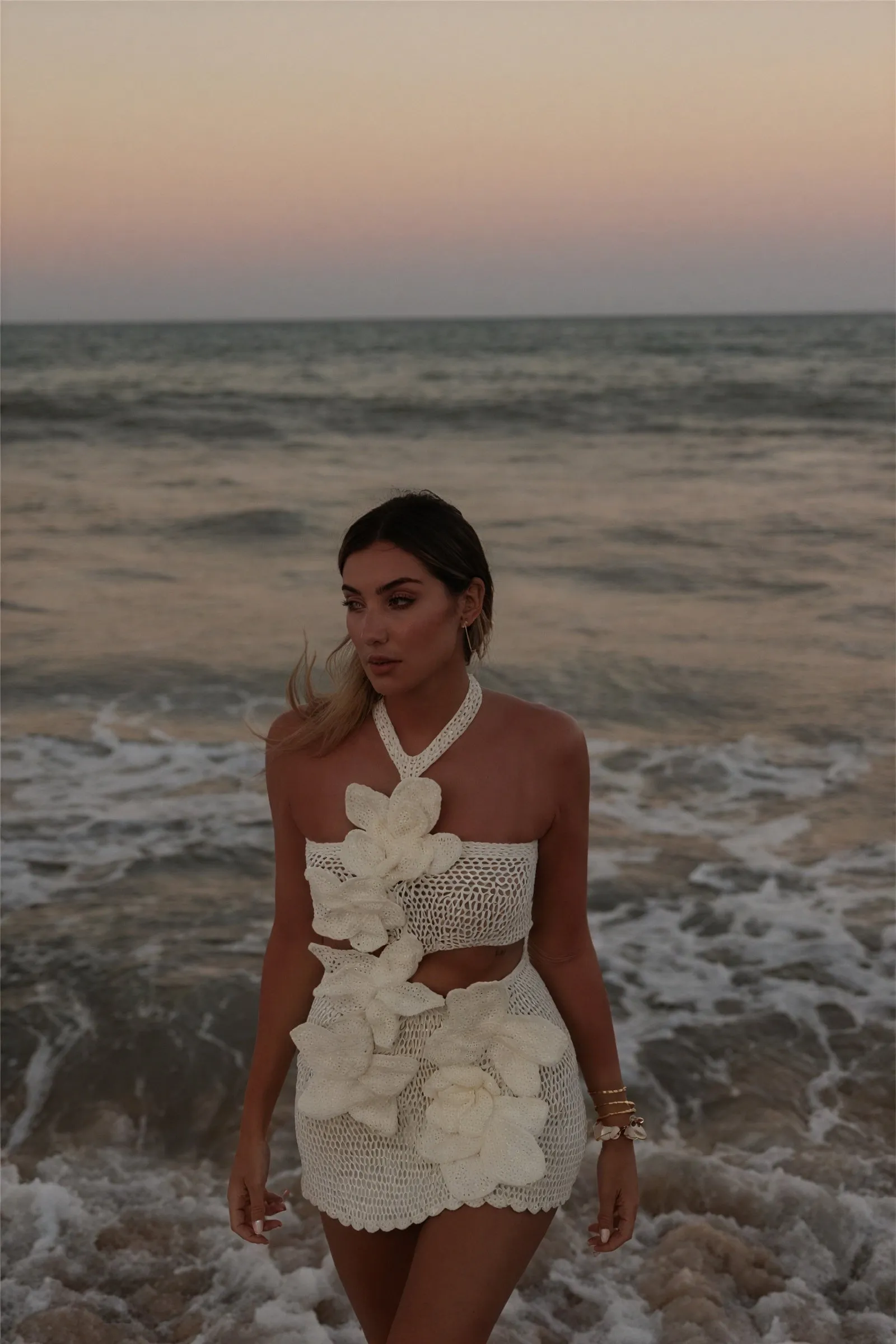 Crochet Halter Dress with Floral Appliqués