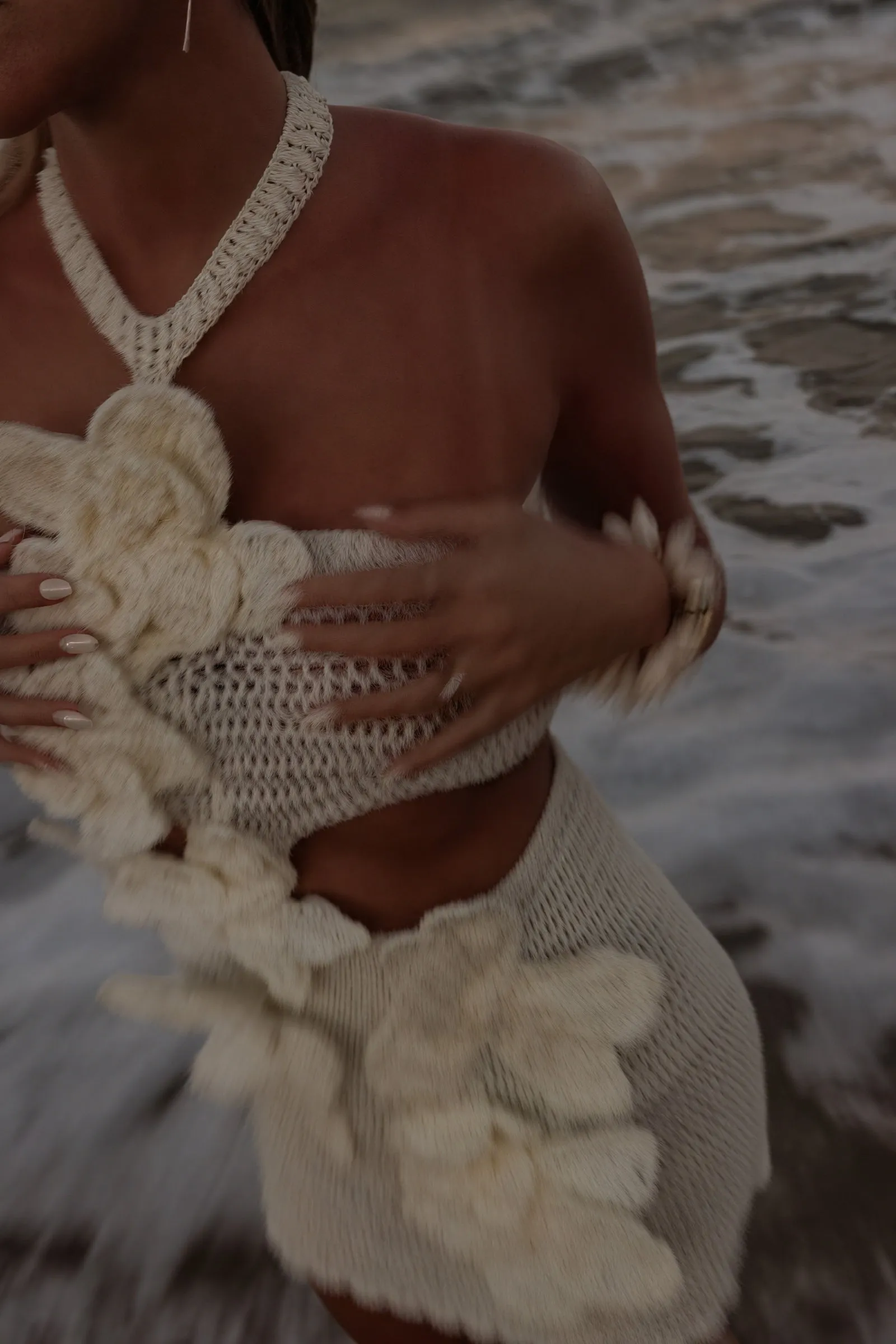 Crochet Halter Dress with Floral Appliqués