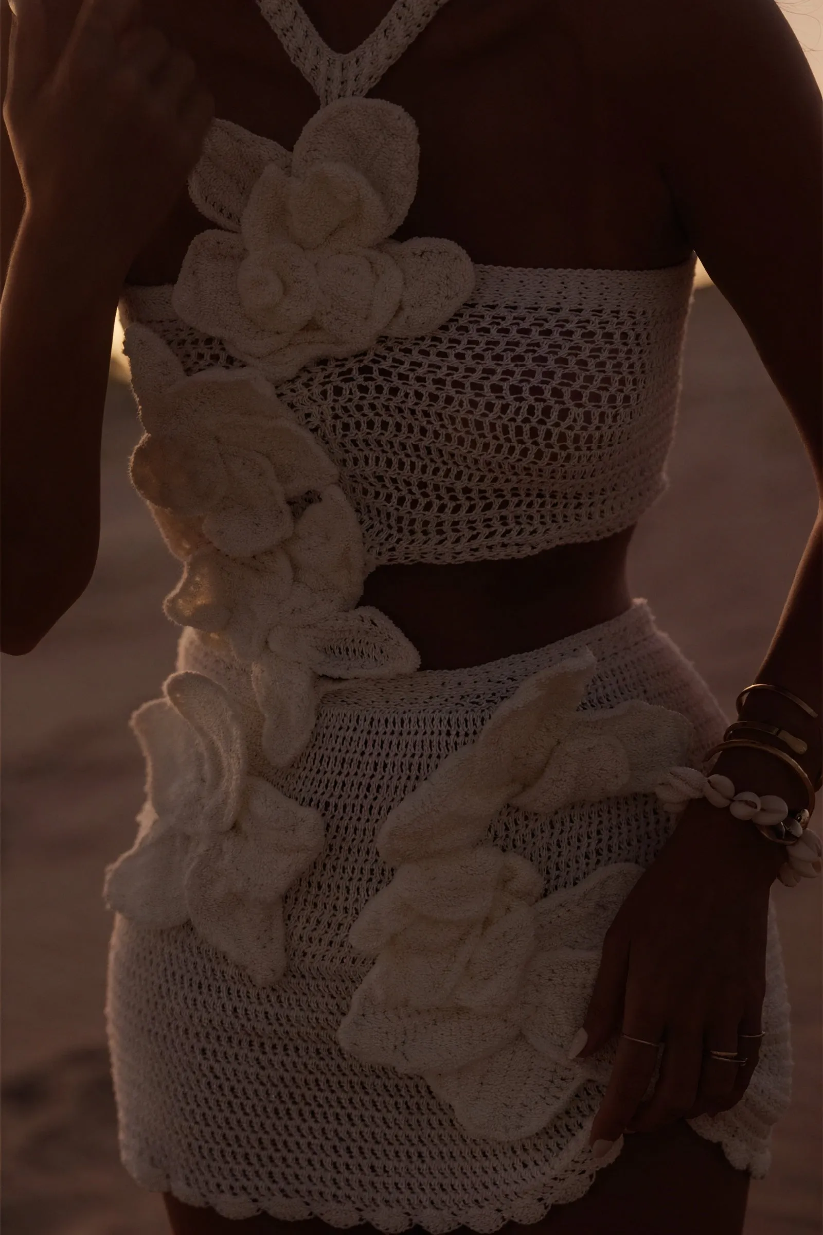 Crochet Halter Dress with Floral Appliqués