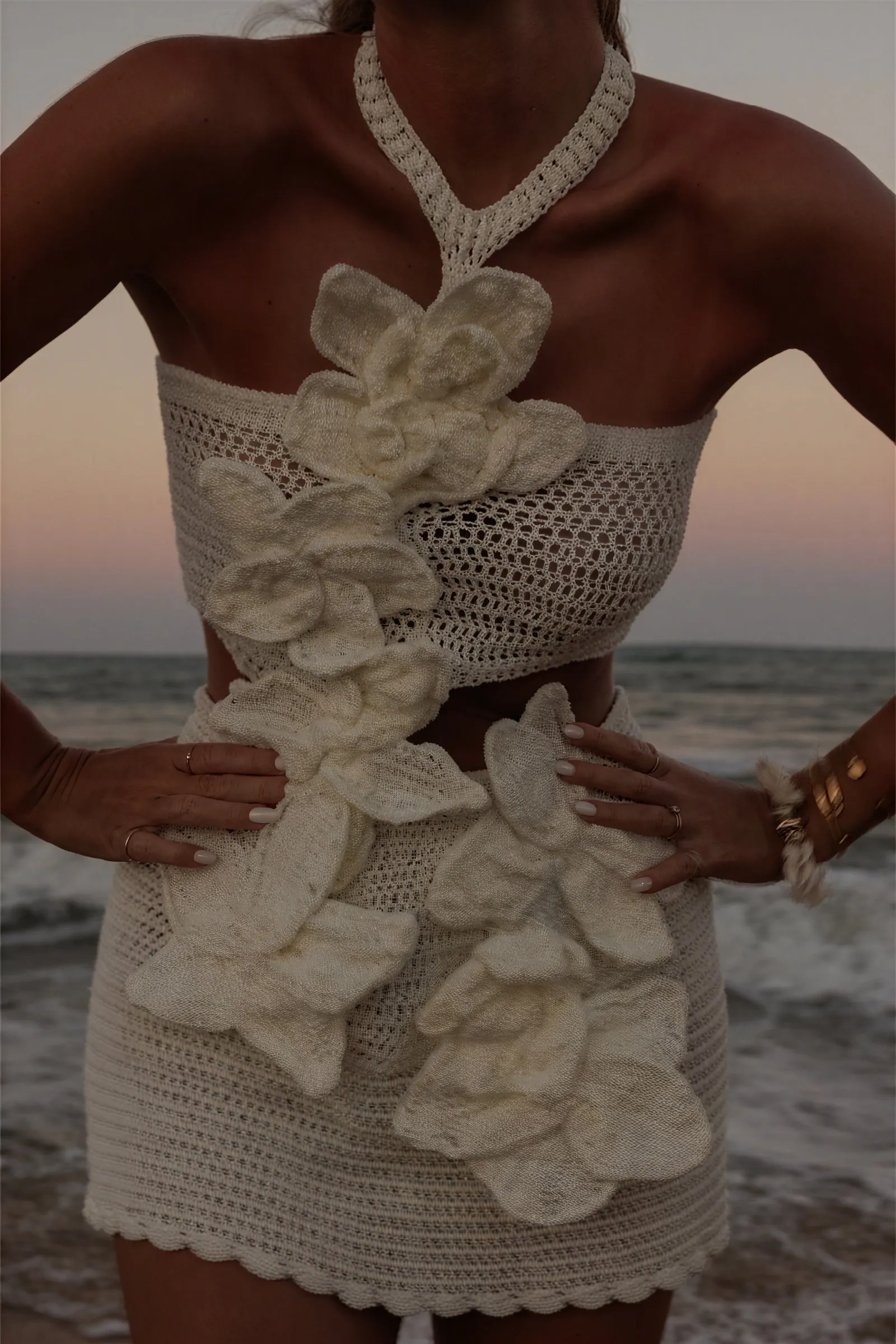 Crochet Halter Dress with Floral Appliqués