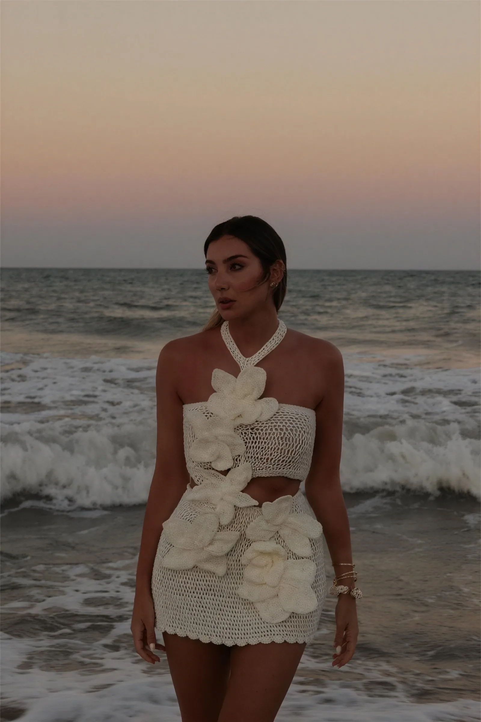 Crochet Halter Dress with Floral Appliqués