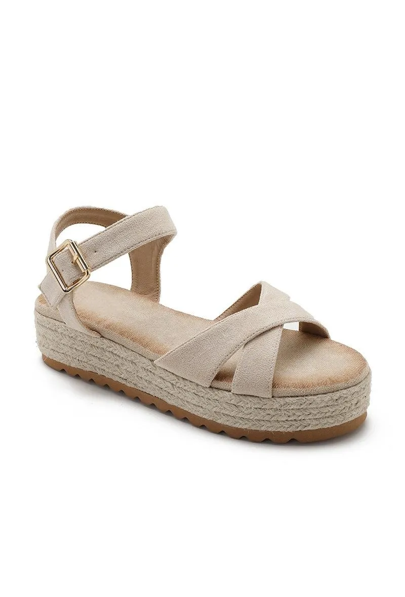 CROSS STRAP ESPADRILLE PLATFORM OPEN TOE BUCKLED SANDALS IN BEIGE