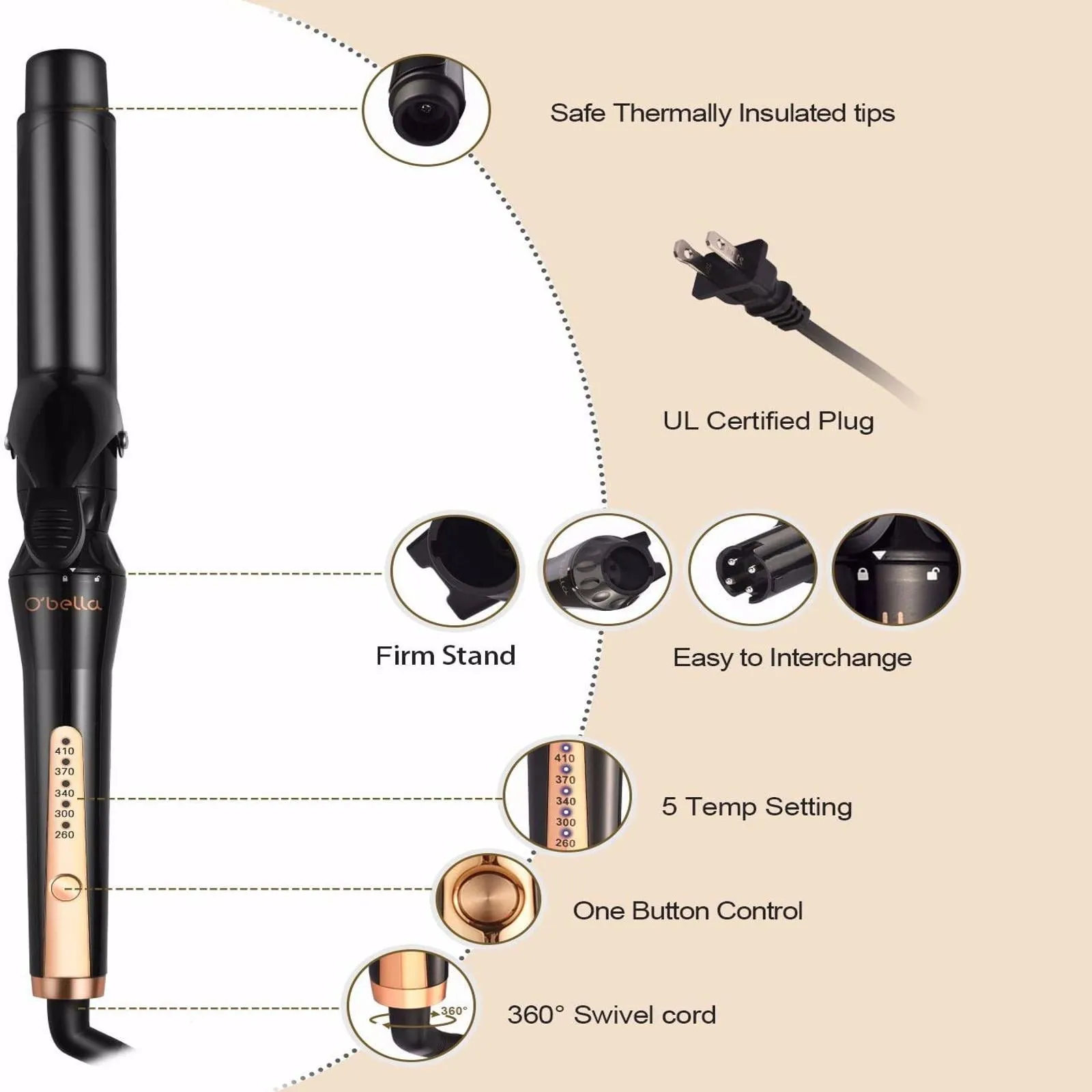 Curling Irons, O'Bella 5 in 1 Curling Wands, Metal Handle 0.5-1.25 Inch 5 Interchangeable Barrels, Hair Curler Set with Ceramic Tourmaline Coating, Dual Voltage, 5 Temp Setting for Any Hairstyle