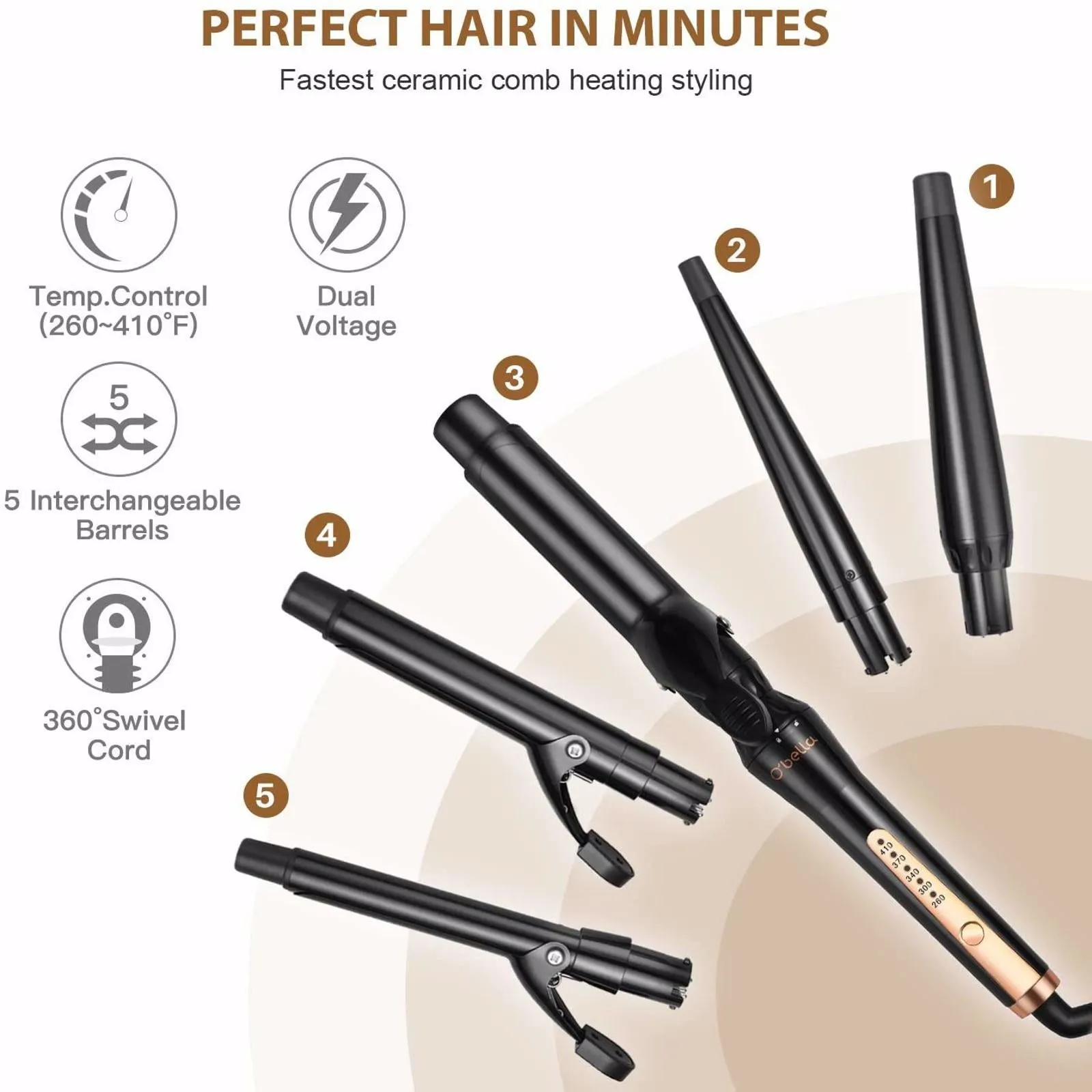 Curling Irons, O'Bella 5 in 1 Curling Wands, Metal Handle 0.5-1.25 Inch 5 Interchangeable Barrels, Hair Curler Set with Ceramic Tourmaline Coating, Dual Voltage, 5 Temp Setting for Any Hairstyle