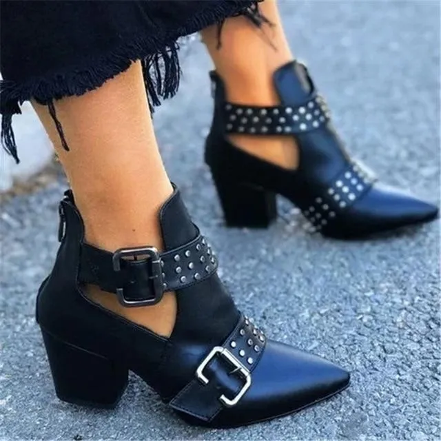 Cut Out Booties Rivet Buckle Strap Back Zipper Leather Stitch Ankle Casual Boots Female Shoes