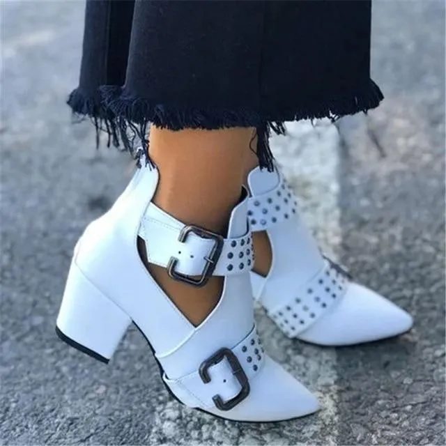 Cut Out Booties Rivet Buckle Strap Back Zipper Leather Stitch Ankle Casual Boots Female Shoes