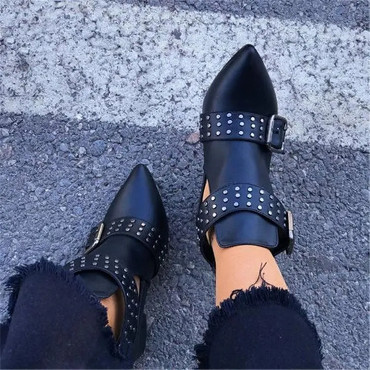 Cut Out Booties Rivet Buckle Strap Back Zipper Leather Stitch Ankle Casual Boots Female Shoes