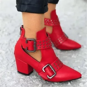 Cut Out Booties Rivet Buckle Strap Back Zipper Leather Stitch Ankle Casual Boots Female Shoes