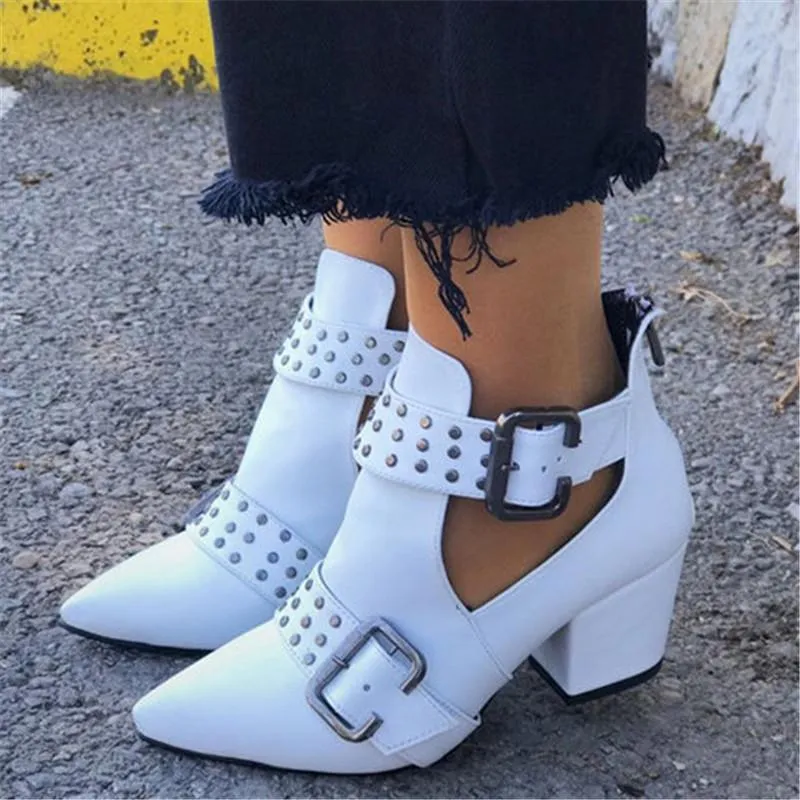 Cut Out Booties Rivet Buckle Strap Back Zipper Leather Stitch Ankle Casual Boots Female Shoes