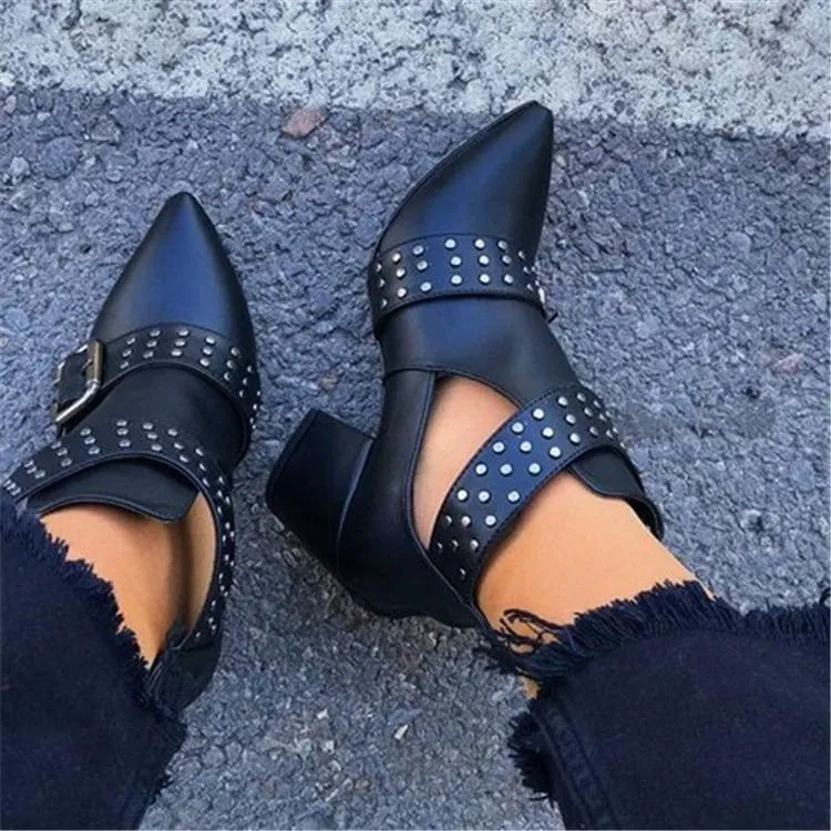 Cut Out Booties Rivet Buckle Strap Back Zipper Leather Stitch Ankle Casual Boots Female Shoes