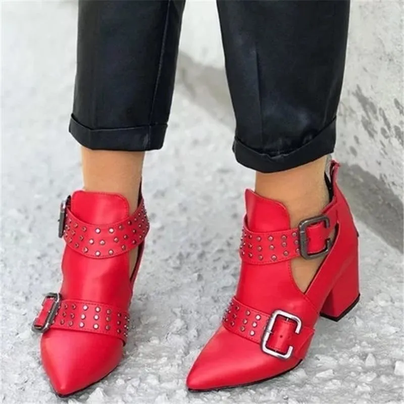Cut Out Booties Rivet Buckle Strap Back Zipper Leather Stitch Ankle Casual Boots Female Shoes