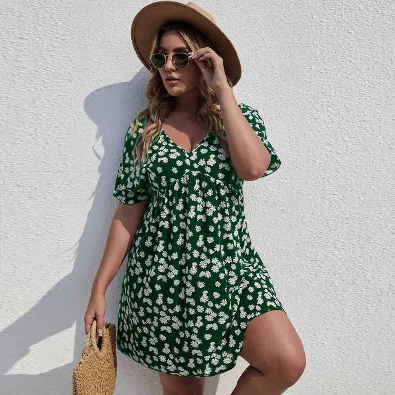 Dahlia V-Neck Floral Empire Waist Plus Size Mini Dress
