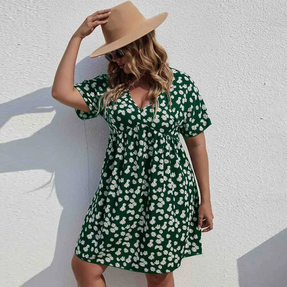 Dahlia V-Neck Floral Empire Waist Plus Size Mini Dress